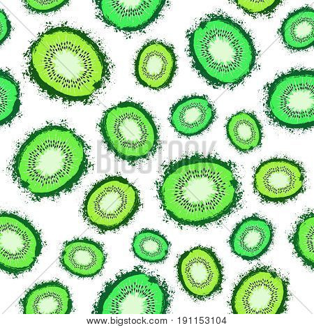 Kiwi Background. Fruit Painted Pattern. Seamless chaotic decoration for kitchen wallpaper, poster print, furniture textile, fashion fabric. Bright kiwifruit slices with seeds. Vector illustration.
