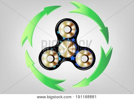 Fidget spinner icon - toy for stress relief and improvement of attention span. Filled gold metallic whit stars