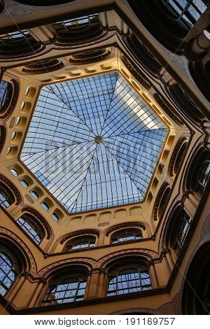 VIENNA, AUSTRIA - AUGUST 09, 2015: Palais Ferstel originally housed the Austro-Hungarian National Bank and the Stock Exchange as well as bazaar and a cafe popular with artists and men of letters