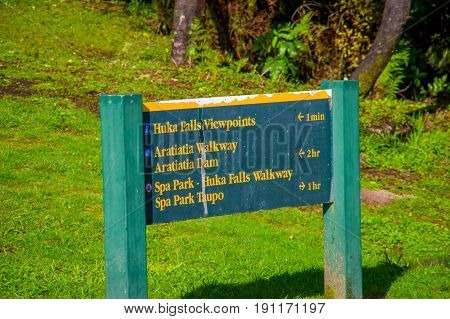 SOUTH ISLAND, NEW ZEALAND- MAY 25, 2017: An informative sign of Huka falls, in New Zealand.
