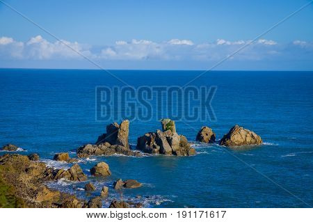 Island near Cape Foulwind, View from the Cape Foulwind walkway at the Seal Colony, Tauranga Bay. New Zealan.