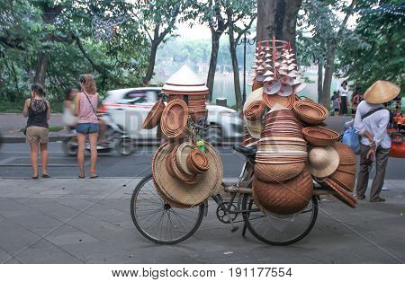Hanoi vietnam : Street vendors in Hanoi's Old Quarter on October 3 2015 He sells souvernir made from bamboo this is Vietnam's culture