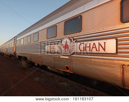 Marla Australia - May 8 2017: Carriages of the famous Ghan railway at a morning stop in Marla South Australia