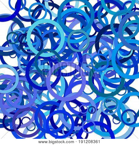 Abstract chaotic circle pattern background from scattered rings in blue tones with shadows