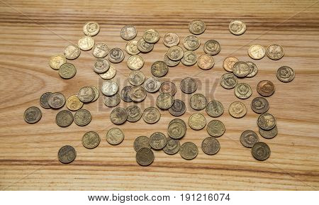 Old Soviet Coins On A Wooden Background