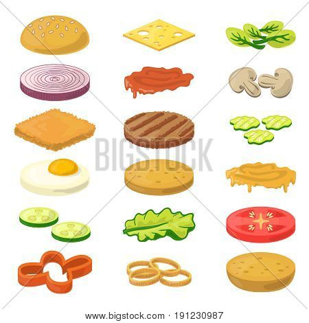 Vector illustration of different burgers ingredients in cartoon style. Fast food pictures. Ingredient food for snack burger cartoon