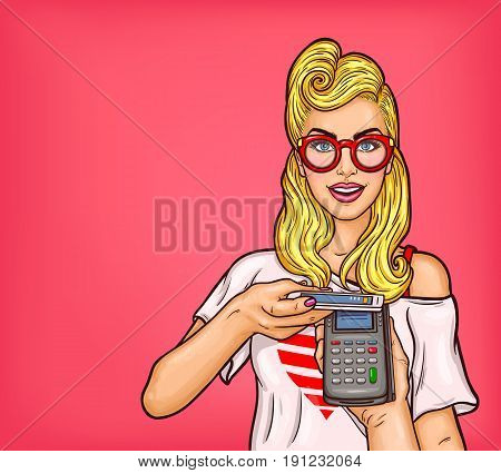 pop art illustration of a young girl holding a smartphone and payment terminal. Concept poster technology electronic payments, online shopping, e-commerce
