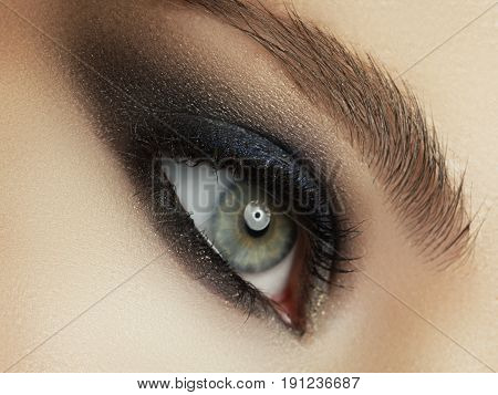 Beautiful Macro Shot Of Female Eye With Extreme Long Eyelashes And Black Liner Makeup. Perfect Shape