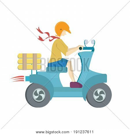 Pizza delivery on a scooter. Man driving a moped. Vector illustration, isolated on white background.