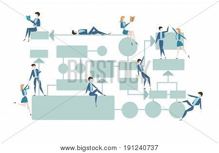 Business Flowchart, Process Management Diagram With Businessmans And Businesswomans Characters. Vect