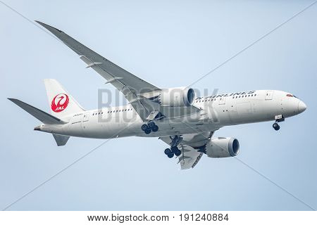 Bangkok, Thailand. - April 23, 2017 : Aircraft or Plane of JAL or Japan Airlines on the sky landing to Suvanabhumi airport.