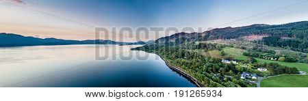 Aerial view of coast by Appin with views over Shuna Island and Arnamurchan, Scotland