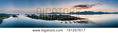 Aerial view of coast by Appin with views over Shuna Island and Arnamurchan, Scotland