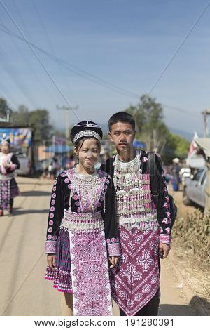CHIANG MAI THAILAND - JAN 12 : Unidentified Hmong female wearing traditional clothes in the celebrate New Year 's Hmong tribes on January 12 2016 in Ban Nonghoi Chiangmai Thailand.
