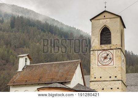 Tower of old beauty church of St. John in Mustair UNESCO World Cultural Heritage Switzerland