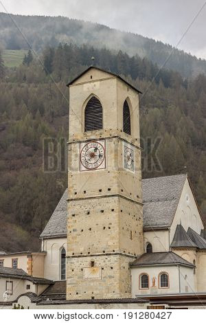 View on old beauty church of St. John in Mustair UNESCO World Cultural Heritage Switzerland