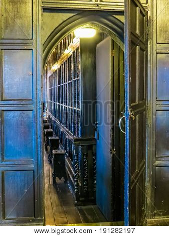 MANCHESTER, UNITED KINGDOM - NOVEMBER 4, 2013: Interior of Chetham's Library. Oldest free public reference library in the United Kingdom. Library since 1653 housing thousands of books and manuscripts
