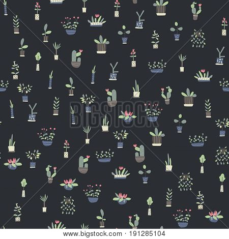 Seamless pattern with indoor plants on dark background. Vector background illustration.