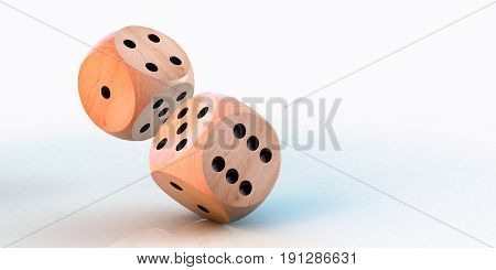 Rolling down two dice on a white background