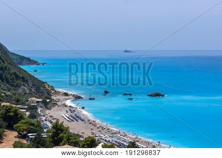 KATHISMA BEACH, LEFKADA, GREECE JULY 16, 2014: Panoramic view of Kathisma beach , Lefkada, Ionian Islands, Greece