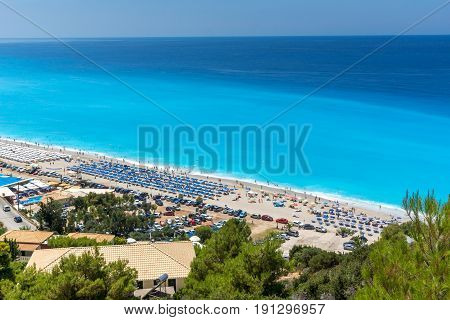 KATHISMA BEACH, LEFKADA, GREECE JULY 16, 2014: Panoramic view of Kathisma beach , Lefkada, Ionian Islands, Greece