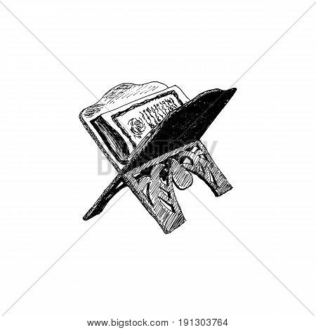 The Holy Book Of The Koran On The Stand, Hand Drawn Sketch Vector Illustration.
