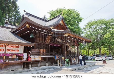 MARIOKA JAPAN - MAY 22 2017: Sakurayama Shinto Shrine in Marioka Japan. Located on the grounds of former Marioka Castle