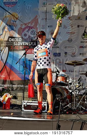 BANSKA BYSTRICA, SLOVAKIA - JUNE 08, 2017: Jan Tratnik from Slovenia celebrate leadership in points classification after second stage of road cycling championship - Tour of Slovakia