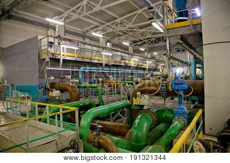 Inside modern wastewater treatment plant. The post-treatment is carried out on fast, non-pressure sand filters