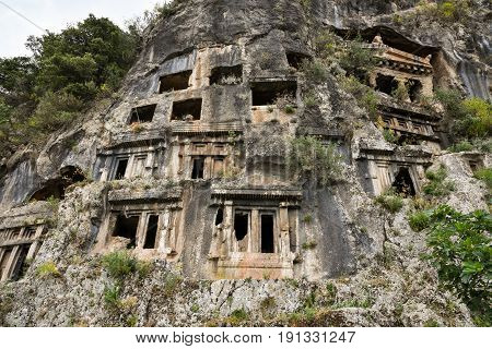 Lycian rock cut tombs at Dalyan Turkey were built BC. They were built in stones at the cost of Dalyan Bogazi river.