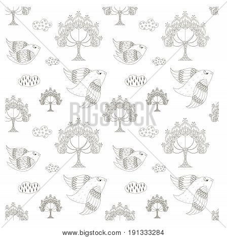 Seamless trees, birds, clouds monochrome pattern stock vector illustration