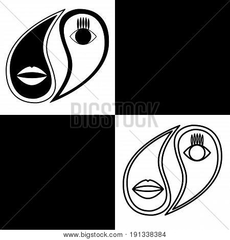 Yin Yang. Vector logo in the shape of yin-yang with a stylized image of the eyes and lips. Black and white