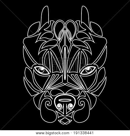 Pitbull. Dog head, totemic animal. A talisman, a predator tattoo, a dangerous dog. Printing on clothes, fabrics. Design element emblem poster