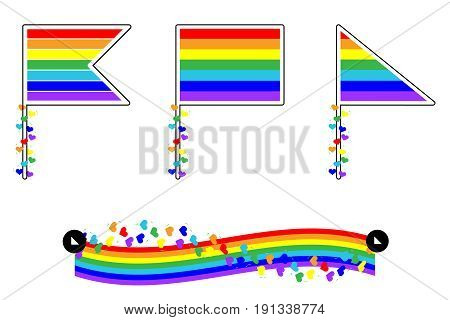 Set of icons of flags with a rainbow coloring. Multicolored hearts twist the flagpole. Icons for the social network. LGBT sign.