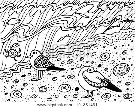 Coloring page with seagull and sea. Vector hand drawn illustration with ocean wave for adult coloring book.