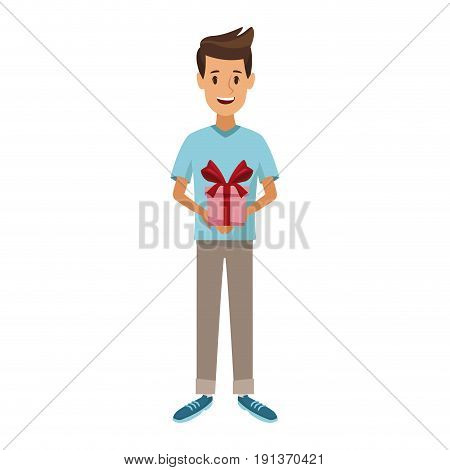 smiling young man wearing in shirt holding in hands gift box with large ribbon vector illustration