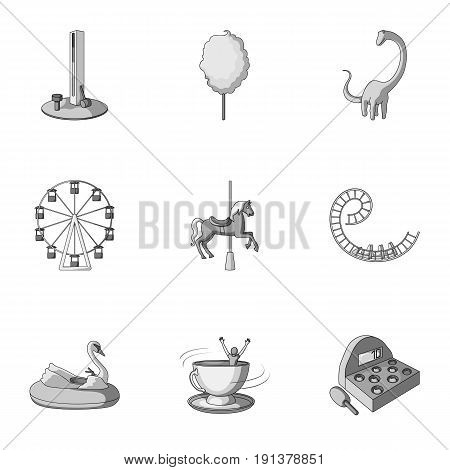 The amusement Park rides. The attributes of a recreational Park, panic room, cotton candy.Amusement Park icon in set collection on monochrome style vector symbol stock web illustration.