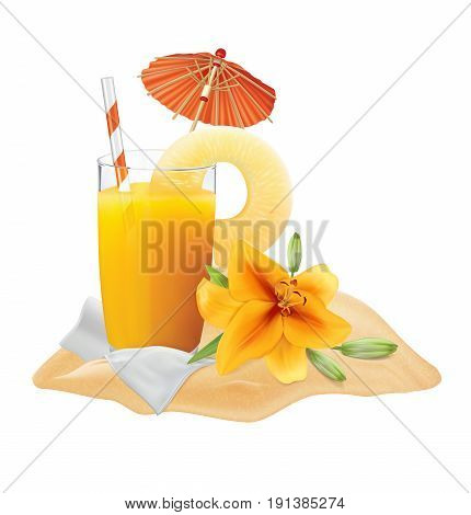 Beach composition. Pineapple juice, lily, napkin, cocktail tube and umbrella. Vector illustration