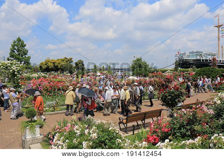 YOKOHAMA JAPAN - MAY 28, 2017: Unidentified people visit Yamashita Park in downtown Yokohama.