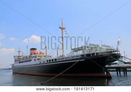 YOKOHAMA JAPAN - MAY 28, 2017: Historical Hikawamaru ship. Hikawamaru was launched in1929 and made her maiden voyage from Kobe to Seattle in 1931