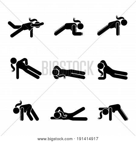 Exercises body workout stretching woman stick figure. Healthy life style vector illustration pictogram