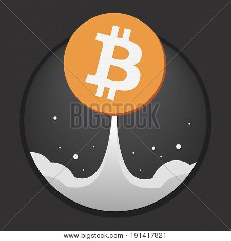 Coin bitcoin is like a Rocket with a plume against the dark sky. Dark background. Editable eps10 vector.