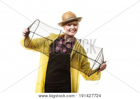Happy Woman Holding Empty Fishing Keepnet