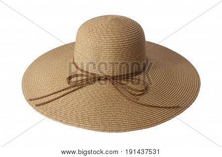 Woven hats decorated with brown leather rope, isolated on a white background.
