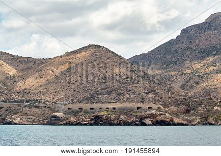 Defences covering the harbour at Cartagena, home of the Spanish Navy Armada. This gun emplacement and fort was built into the rock during the Spanish Civil War