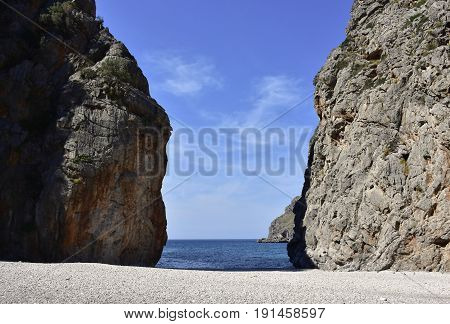 Canyon Torrent de Pareis, beach and Mediterranean Sea, Majorca, Spain