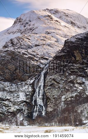 An Steall waterfall at Glen Nevis in Scottish Highlands Scotland.
