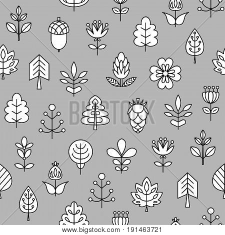 Seamless pattern with Geometrical leaves trees and flowers. Linear style. Vector illustration for your cute design.