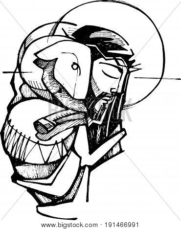 Hand drawn vector illustration or drawing of Jesus Christ and a sheep