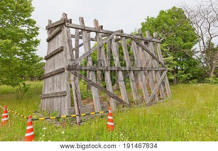 MORIOKA JAPAN - MAY 22 2017: Framework used for reconstruction of clay wall (tsuijibei) of Shiwa Castle in Morioka Japan. Castle was erected in 803 against local emishi tribes and abandoned in 811